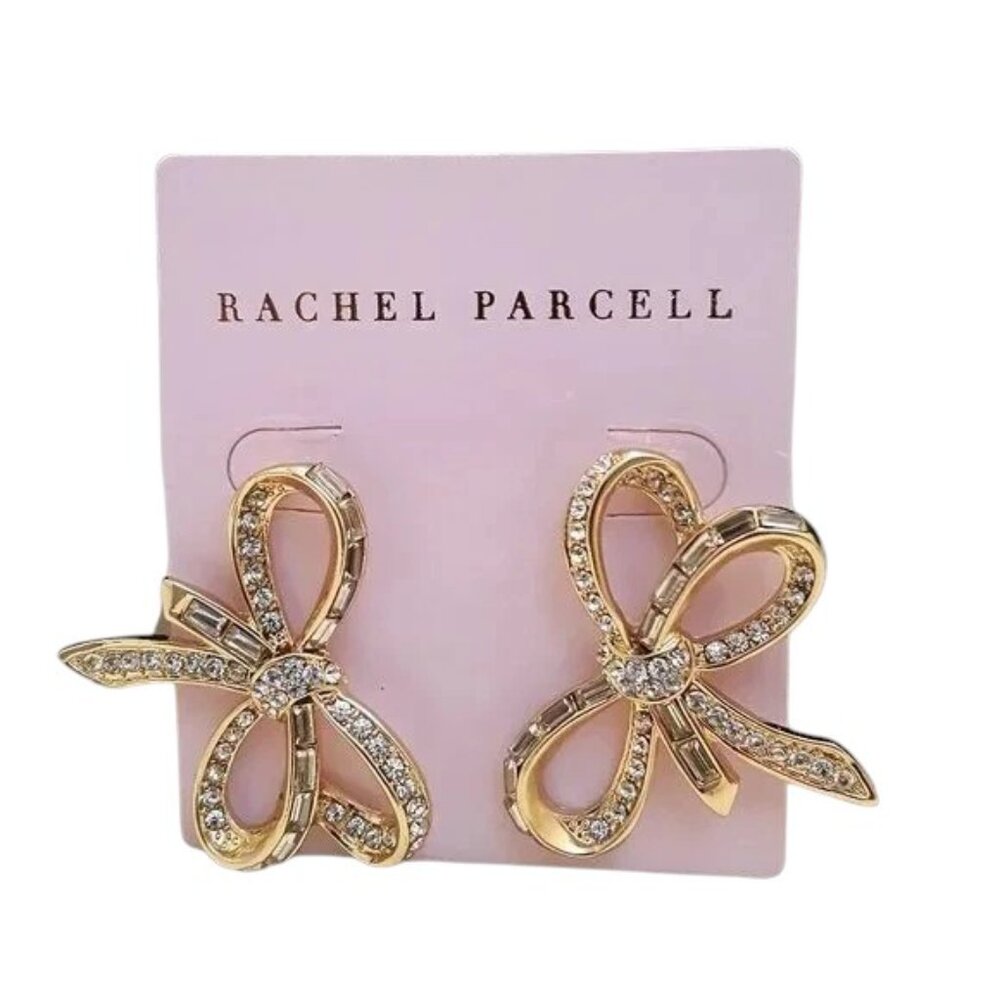 Women's Rachel Parcell Bow Earrings Pierced Gold Plated Rhinestone NWT